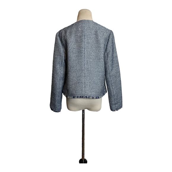 Banana Republic blue tweed fringe trims open front blazer size 6 - Picture 2 of 10
